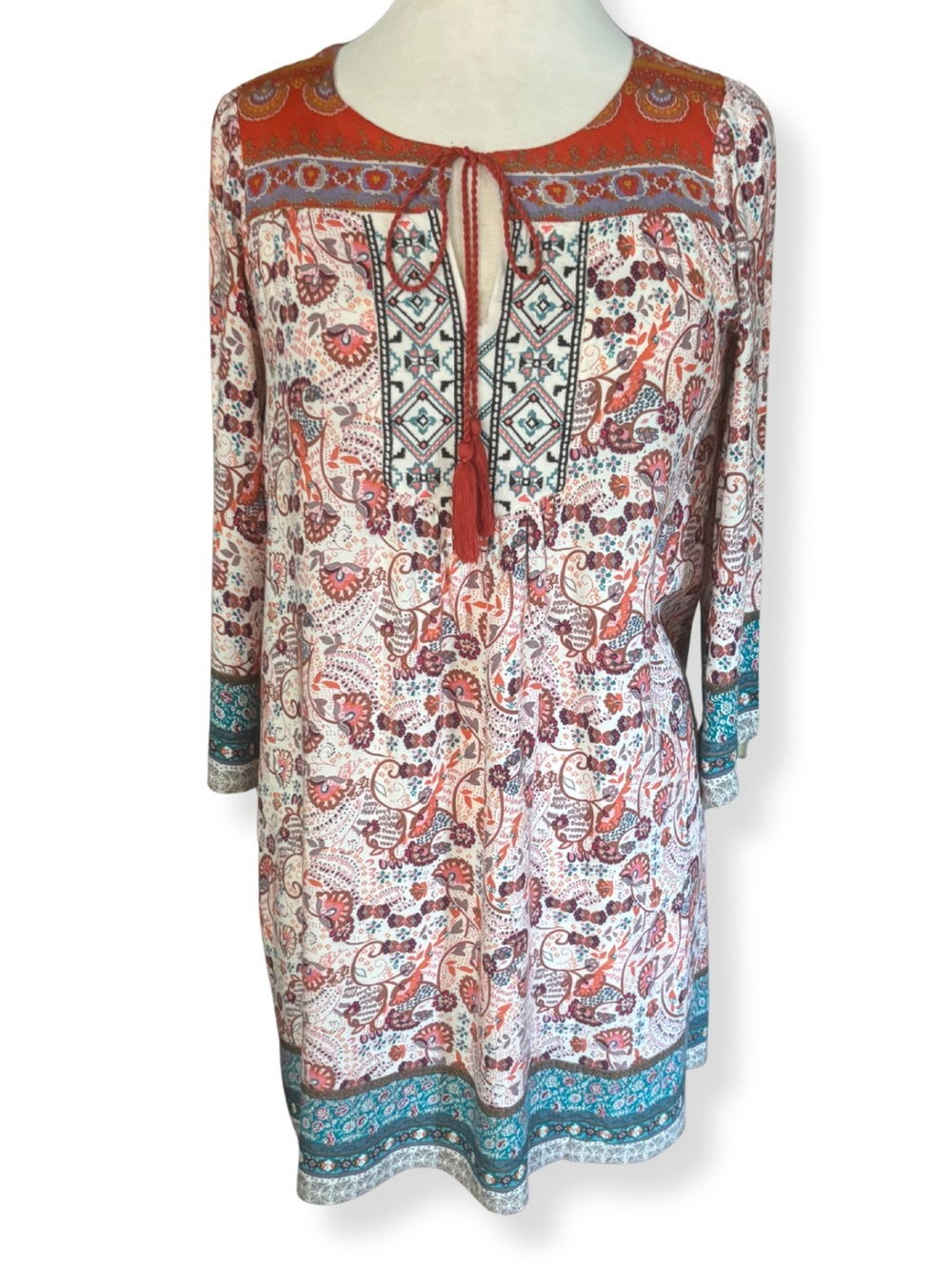 Flying Tomato Boho Paisley Tassel Shift Dress Small S Festival Peasant Rayon
